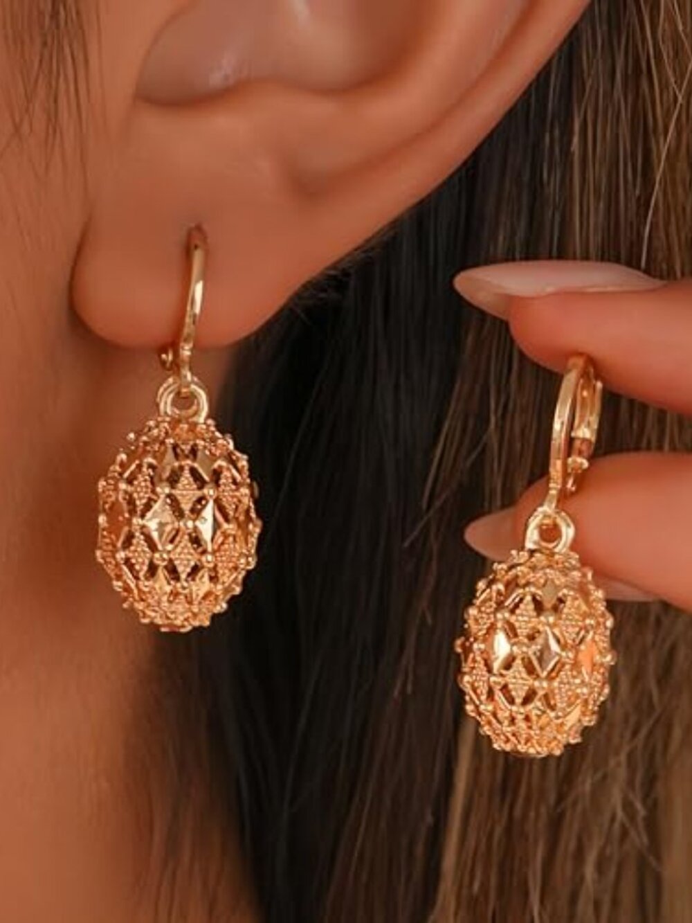 18K Gold Plated Hollow‎ Matte Ball Beaded Dangle Ears for Women Hypoallergenic